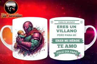 Taza de sublimación con un Sentinel de X-Men sosteniendo a un bebé, y mensaje 'Eres mi Héroe Papá'