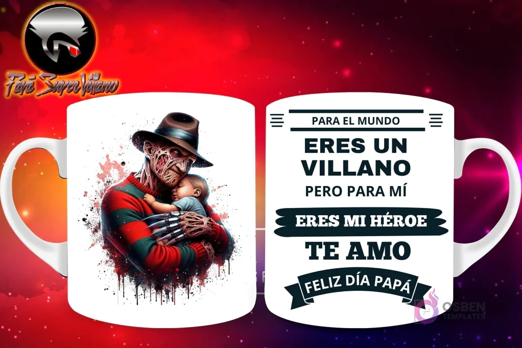 Taza de sublimación con Freddy Krueger de Pesadilla en Elm Street abrazando a una bebé, y mensaje 'Eres mi Héroe Papá'