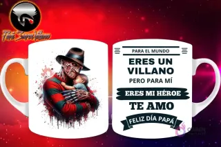 Taza de sublimación con Freddy Krueger de Pesadilla en Elm Street abrazando a una bebé, y mensaje 'Eres mi Héroe Papá'