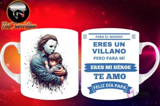 Taza de sublimación con Michael Myers de Halloween abrazando a un bebé, y mensaje 'Eres mi Héroe Papá'