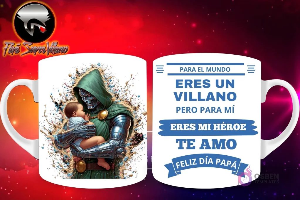 Taza de sublimación con Dr. Doom de Marvel en traje verde oscuro sosteniendo a un bebé, y mensaje 'Eres mi Héroe Papá'