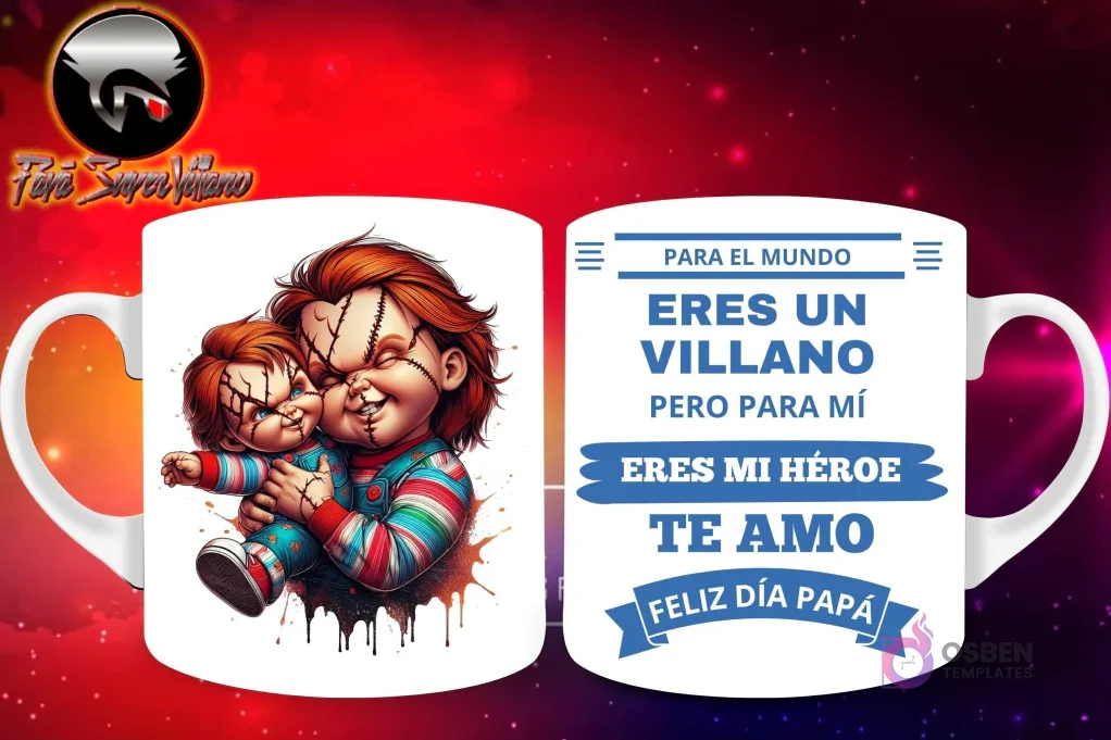 Taza de sublimación con Chucky con su característica ropa de rayas sosteniendo a un bebé, y mensaje 'Eres mi Héroe Papá'