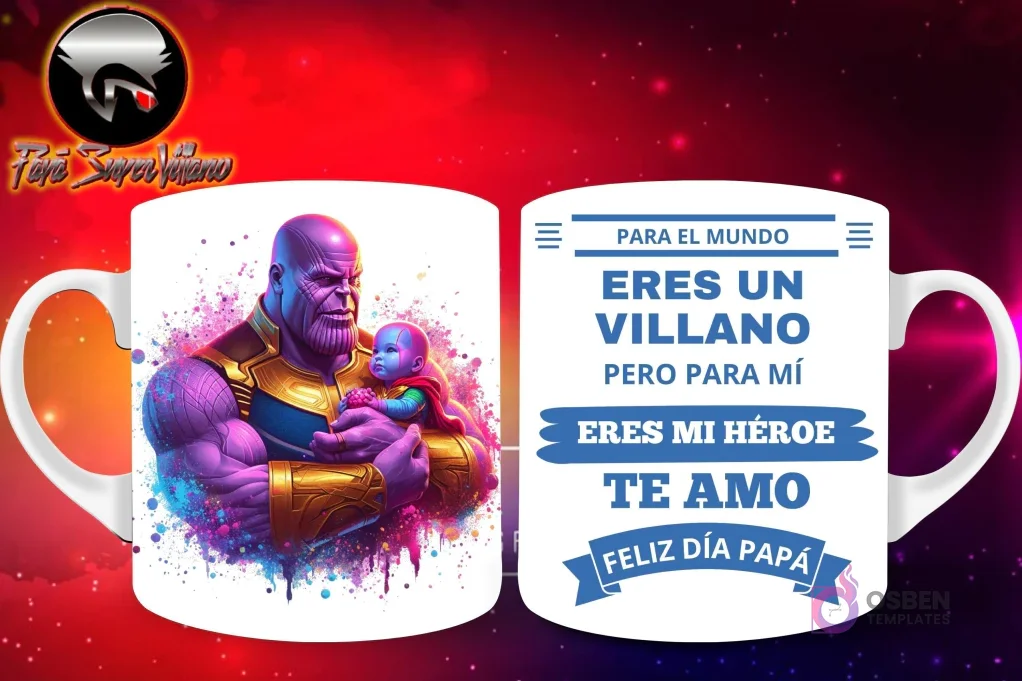 Taza de sublimación con Thanos de Marvel en pose cariñosa con un bebé, y mensaje 'Eres mi Héroe Papá'