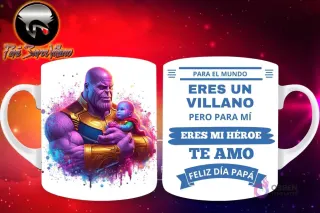 Taza de sublimación con Thanos de Marvel en pose cariñosa con un bebé, y mensaje 'Eres mi Héroe Papá'