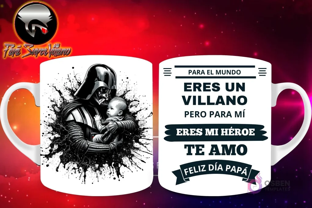 Taza de sublimación con Darth Vader de Star Wars en silueta oscura sosteniendo a un bebé, con fondo de salpicaduras negras, y mensaje 'Eres mi Héroe Papá'
