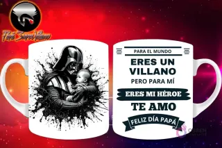 Taza de sublimación con Darth Vader de Star Wars en silueta oscura sosteniendo a un bebé, con fondo de salpicaduras negras, y mensaje 'Eres mi Héroe Papá'