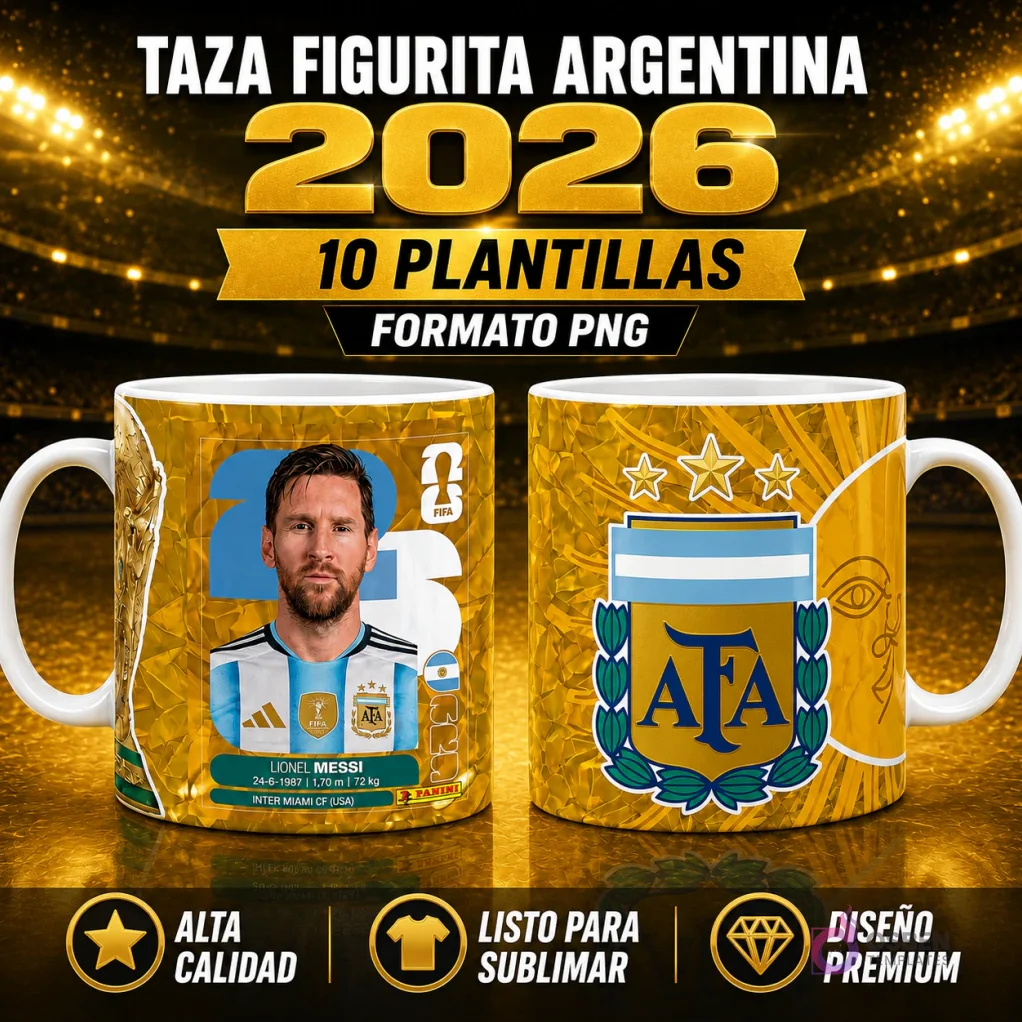 Taza sublimada con figurita de Lionel Messi Argentina 2026 y escudo AFA, con banner '10 Plantillas Formato PNG'