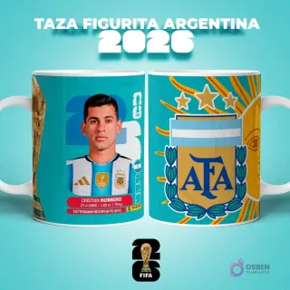 Taza sublimada con figurita del jugador Cristian Romero de Argentina para el Mundial 2026, con escudo de AFA
