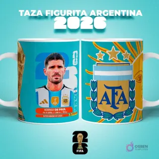 Taza sublimada con figurita del jugador Rodrigo De Paul de Argentina para el Mundial 2026, con escudo de AFA