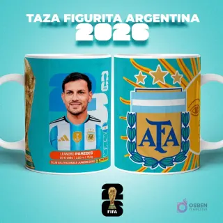 Taza sublimada con figurita del jugador Leandro Paredes de Argentina para el Mundial 2026, con escudo de AFA