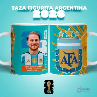 Taza sublimada con figurita del jugador Alexis Mac Allister de Argentina para el Mundial 2026, con escudo de AFA