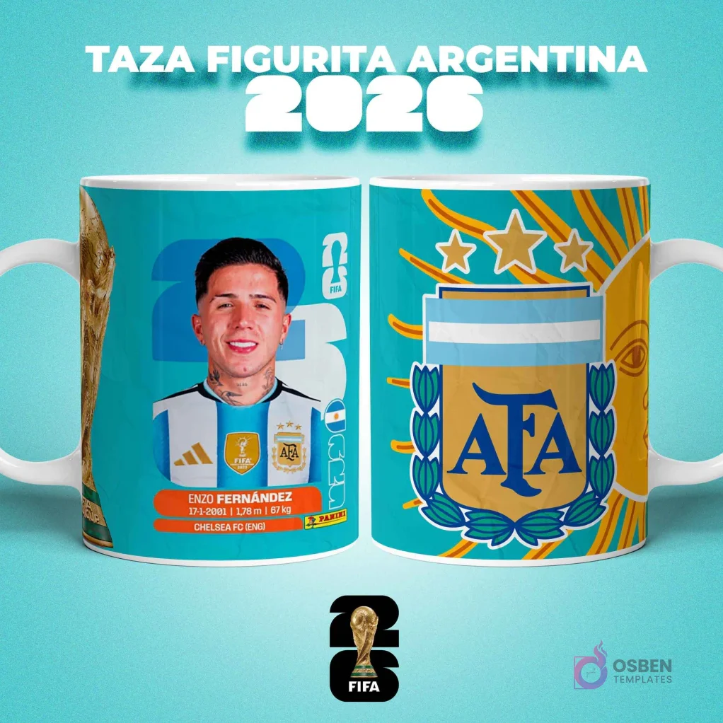 Taza sublimada con figurita del jugador Enzo Fernández de Argentina para el Mundial 2026, con escudo de AFA