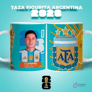 Taza sublimada con figurita del jugador Enzo Fernández de Argentina para el Mundial 2026, con escudo de AFA
