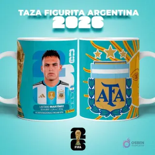 Taza sublimada con figurita del jugador Lautaro Martínez de Argentina para el Mundial 2026, con escudo de AFA