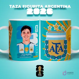Taza sublimada con figurita del jugador Julián Álvarez de Argentina para el Mundial 2026, con escudo de AFA