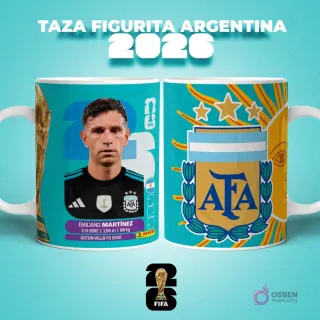 Taza sublimada con figurita del arquero Emiliano 'Dibu' Martínez de Argentina para el Mundial 2026, con escudo de AFA