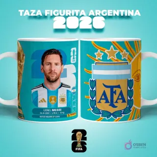 Taza sublimada con figurita de Lionel Messi de Argentina para el Mundial 2026, con escudo de AFA y Sol de Mayo