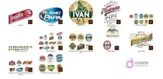 Muestra de múltiples diseños vectoriales de logos de cervezas y frases personalizadas para el Día del Padre, editables en Adobe Illustrator, incluyendo marcas como Cristal, Corona, Budweiser y Stella Artois