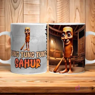 Taza con diseño de un personaje tipo 'hombre palo' sonriente con un bate, en un entorno nocturno, y texto 'TUNG TUNG TUNG SAHUR' sobre fondo de madera.