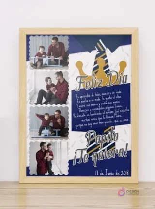Cuadro para Día del Padre editable en marco de madera claro, diseño con collage de cuatro fotos de padre e hijo y texto 'Feliz Día Papito ¡Te quiero!' junto a un poema y corona decorativa en tonos azul y dorado.