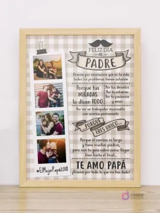 Cuadro imprimible Día del Padre en marco de madera claro, diseño de cuadros vichy beige y blanco con estilo polaroid para 4 fotos familiares y mensajes emotivos como 'Feliz Día del Padre', 'Porque eres ÚNICO' y 'Te Amo Papá'.