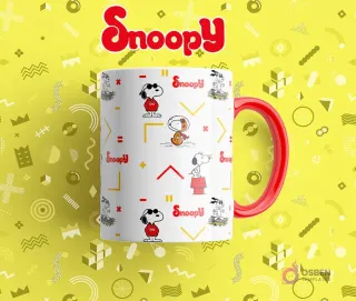 Taza sublimada blanca con patrones coloridos y múltiples imágenes de Snoopy en diversas poses divertidas.