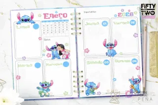 Página de la agenda Stitch 2026 con planificación semanal detallada para Enero, incluyendo secciones diarias y tiernas ilustraciones de Stitch y Lilo.