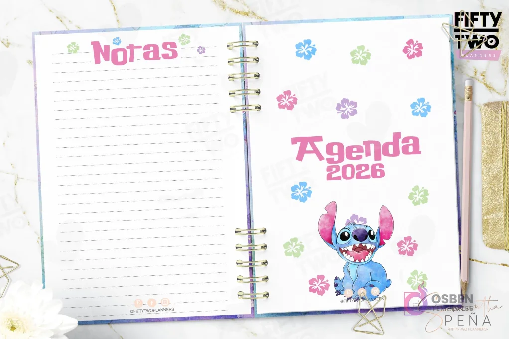 Página de notas y la portada interna del kit imprimible Agenda Stitch 2026, con un Stitch sonriente y diseño floral. Espacio para apuntes.