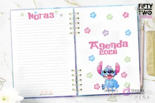 Página de notas y la portada interna del kit imprimible Agenda Stitch 2026, con un Stitch sonriente y diseño floral. Espacio para apuntes.