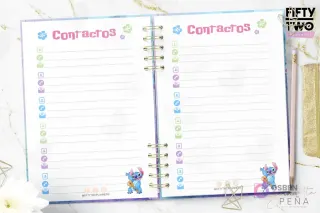 Páginas de Contactos del kit imprimible Agenda Stitch 2026, diseño funcional para registrar información importante con ilustraciones del personaje.
