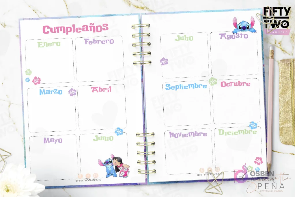 Páginas de Cumpleaños del kit imprimible Agenda Stitch 2026, con espacios mensuales para registrar fechas importantes y dibujos de Stitch.