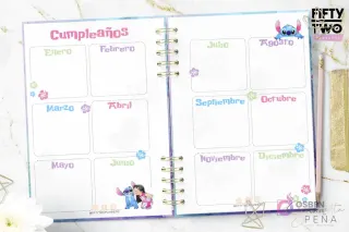 Páginas de Cumpleaños del kit imprimible Agenda Stitch 2026, con espacios mensuales para registrar fechas importantes y dibujos de Stitch.