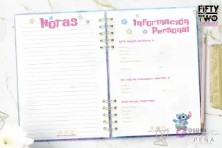Página de Notas y de Información Personal del kit imprimible Agenda Stitch 2026, ideal para datos importantes y decorada con el personaje.