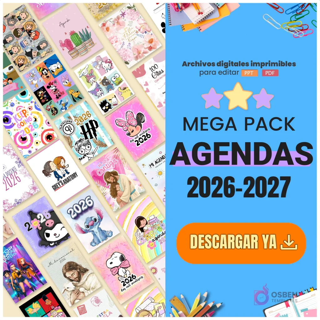 Collage de diversas portadas de agendas imprimibles 2026-2027 con personajes como Minnie, Stitch, Harry Potter, Snoopy, Hello Kitty y Greys Anatomy. Banner lateral azul con texto 'Mega Pack Agendas 2026-2027 Archivos digitales imprimibles para editar PPT PDF'.