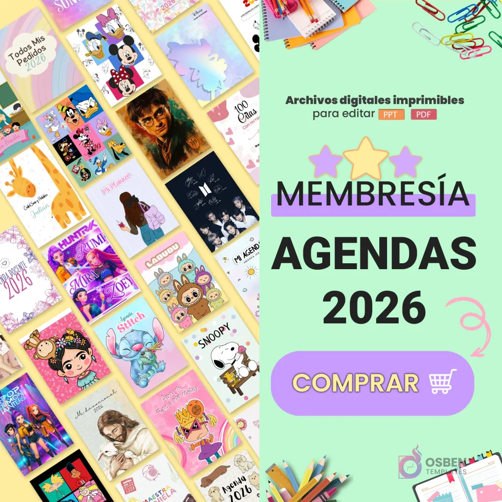 Collage de portadas de agendas digitales 2026 con temáticas variadas como Harry Potter, Stitch, Minnie, BTS y Snoopy. Banner lateral verde claro con texto 'Membresía Agendas 2026 Archivos digitales imprimibles para editar PPT PDF'.