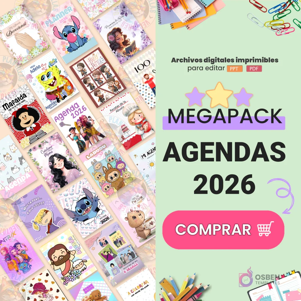 Collage de portadas de agendas imprimibles 2026 con personajes populares como Stitch, Minnie, Harry Potter, Snoopy y diseños temáticos infantiles. Banner lateral verde claro con texto 'Megapack Agendas 2026 Archivos digitales imprimibles para editar PPT PDF'.