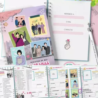 Agenda espiralada abierta con sección 'Registro de mis dramas' decorada con ilustraciones estilo K-drama de 'Start Up'. Páginas interiores muestran secciones para datos personales y de contacto.
