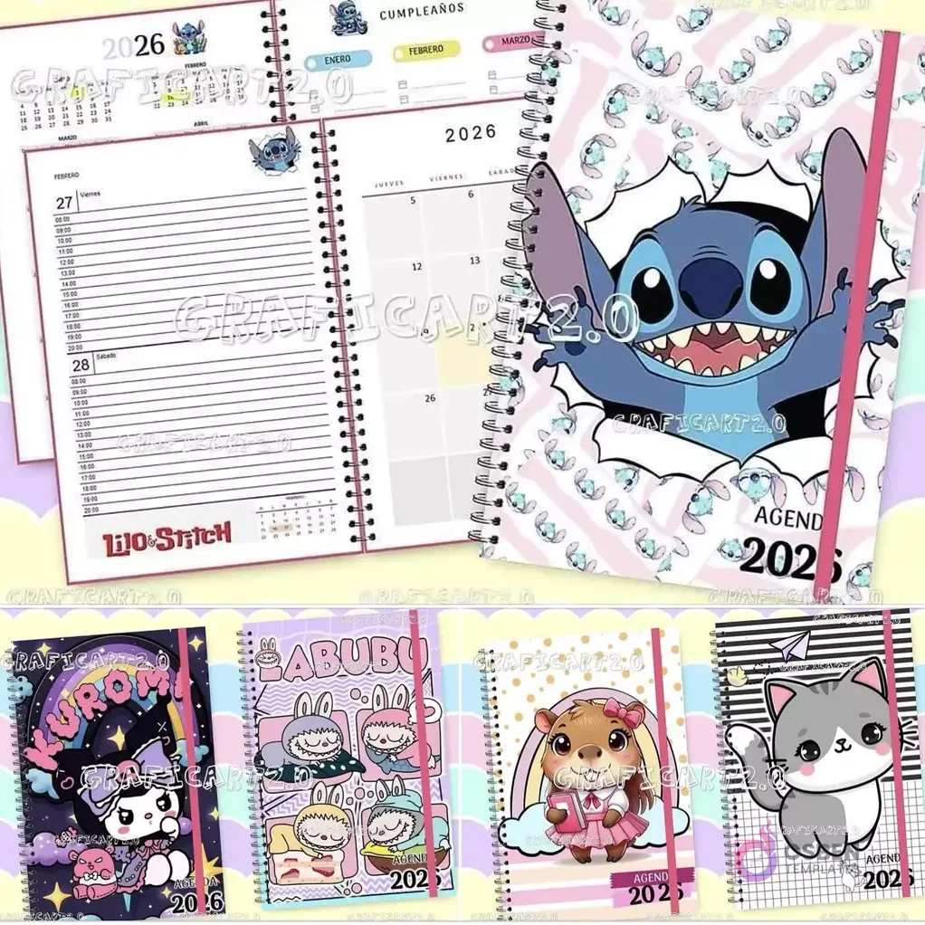Arriba: Agenda espiralada abierta de Stitch con calendario 2026, sección de cumpleaños y diseño de Stitch rompiendo la portada. Abajo: Cuatro portadas de agendas con personajes como Kuromi, Labubu, una marmota y un gato.