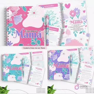 Arriba: Agenda espiralada y libreta 'Érase una vez Mamá' con diseño floral rosa y aguamarina. Abajo: Dos variantes de la portada 'Érase una vez Mamá' (floral aguamarina y floral lila) mostrando interiores con árbol familiar.