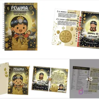 Arriba: Agenda espiralada 'Pewma Recetario Mapuche' con ilustración de niña indígena y páginas interiores mostrando 'El Merken y la Herencia'. Abajo: Varias páginas interiores del recetario Mapuche incluyendo glosario y detalles.