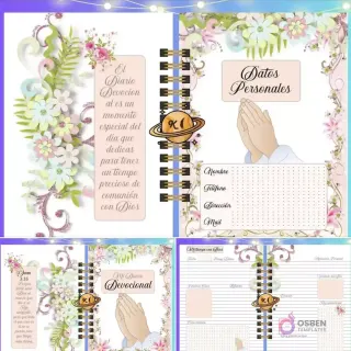 Agenda espiralada abierta 'Mi Diario Devocional' con diseño floral pastel, secciones para datos personales, oraciones, lecturas bíblicas y reflexiones. Manos en posición de oración.