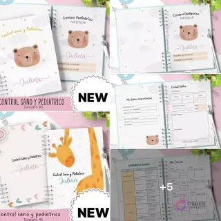 Arriba: Dos portadas de agendas 'Control Pediátrico Particular' con un oso y una jirafa, mostrando secciones para datos importantes y calendario de vacunas. Abajo: Portadas personalizadas para 'Julieta' y 'Julian' con detalles interiores del control pediátrico.
