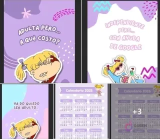Arriba: Dos portadas de agenda de Angélica de Rugrats con frases humorísticas 'Adulta pero... a qué costo?' e 'Independiente pero... con ayuda de Google'. Abajo: Calendarios 2025 y 2026 con ilustraciones de Angélica y más frases.