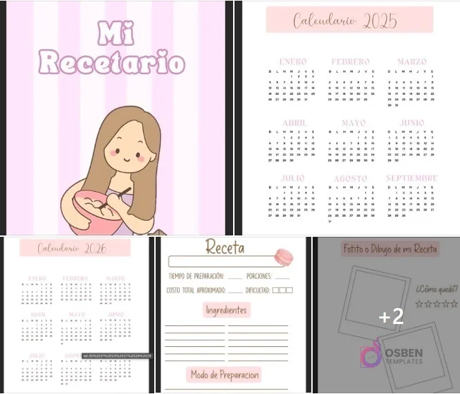 Agenda 'Mi Recetario' con ilustración de niña cocinando. Páginas interiores muestran calendarios 2025 y 2026, y plantillas para recetas con secciones de ingredientes, preparación y espacio para fotos.