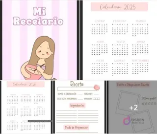 Agenda 'Mi Recetario' con ilustración de niña cocinando. Páginas interiores muestran calendarios 2025 y 2026, y plantillas para recetas con secciones de ingredientes, preparación y espacio para fotos.