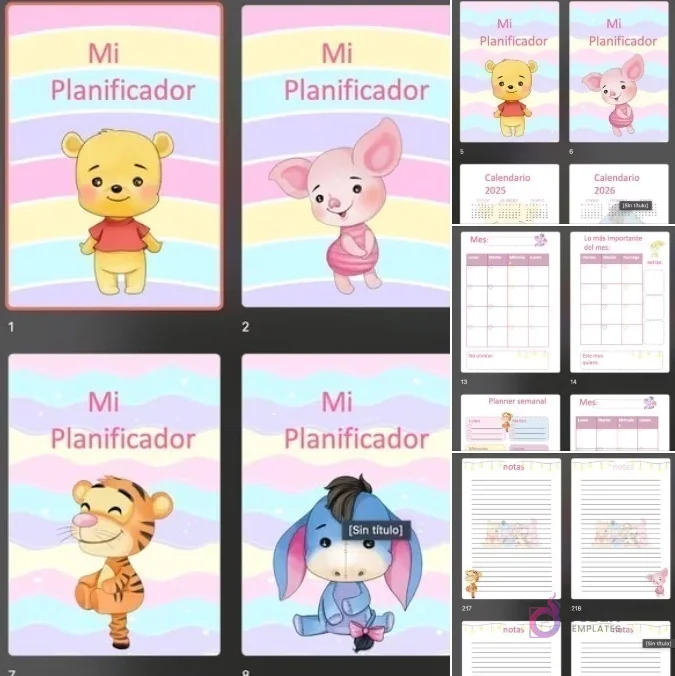 Collage de planificadores 'Mi Planificador' con personajes de Winnie Pooh (Pooh, Piglet, Tigger, Eeyore). Muestra páginas de calendario 2025 y 2026, planificador mensual, semanal y hojas de notas.