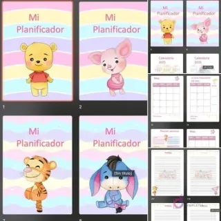 Collage de planificadores 'Mi Planificador' con personajes de Winnie Pooh (Pooh, Piglet, Tigger, Eeyore). Muestra páginas de calendario 2025 y 2026, planificador mensual, semanal y hojas de notas.