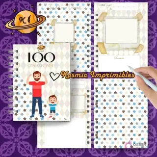 Agenda espiralada abierta '100 Citas con Papá' con ilustración de padre e hijo. Páginas interiores con patrón de estrellas, espacios para fotos y descripciones de citas. Marca de agua 'Kosmic Imprimibles'.