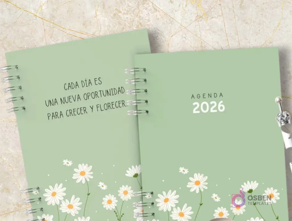 Dos agendas espiraladas con cubiertas verde menta, margaritas y frases motivacionales. Una agenda dice 'Cada día es una nueva oportunidad para crecer y florecer' y la otra 'Agenda 2026'.