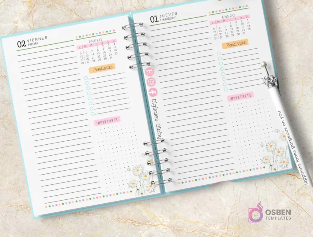 Agenda espiralada abierta con diseño de margaritas. Muestra un planificador diario para 'Viernes 02 Enero' y 'Jueves 01 Enero' con secciones para pendientes e importantes. Con 'Digitales Gibby' watermark.